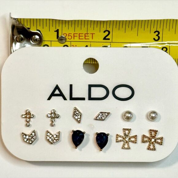 Aldo Gold Color, Pearl, Cross and Blue Earring Set, 6 pairs - Picture 2 of 3